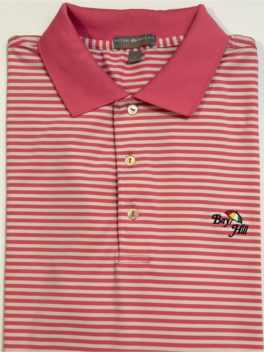 Peter Millar Bay Hill Arnold Palmer Golf Polo Striped Pink White Mens L